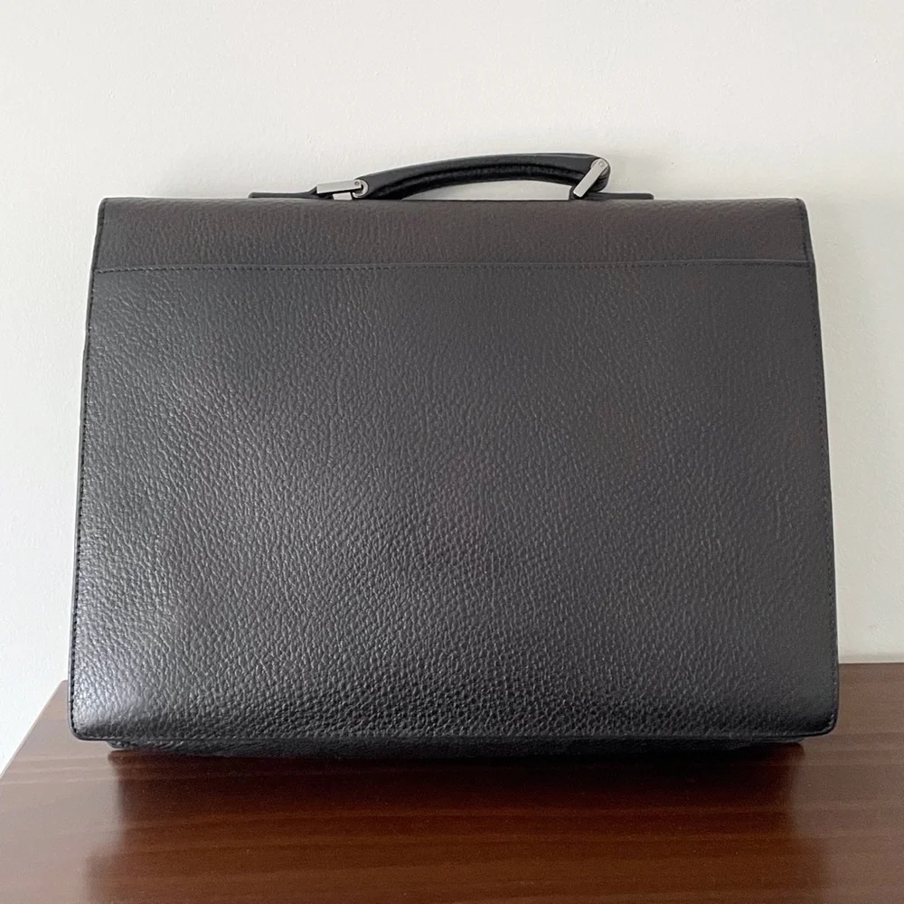 Gucci dark brown black pebbled leather unisex briefcase laptop bag